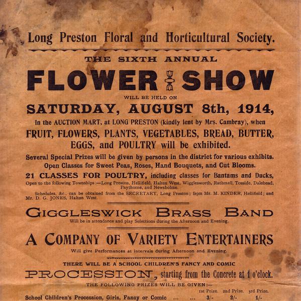 Flower Show 1914 (Top).JPG - Long Preston Flower Show 1914     (  Top half of poster. )      ( Note that in addition to the other classes there were 21 classes for poultry  alone. )  